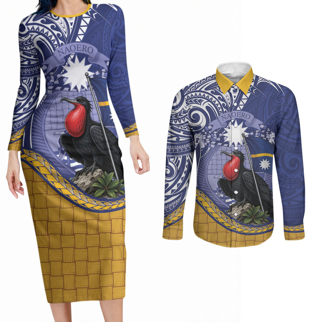 Magnificent Frigatebird Nauru Couples Matching Long Sleeve Bodycon Dress and Long Sleeve Button Shirt Pandanus Weaving Polynesian Pattern