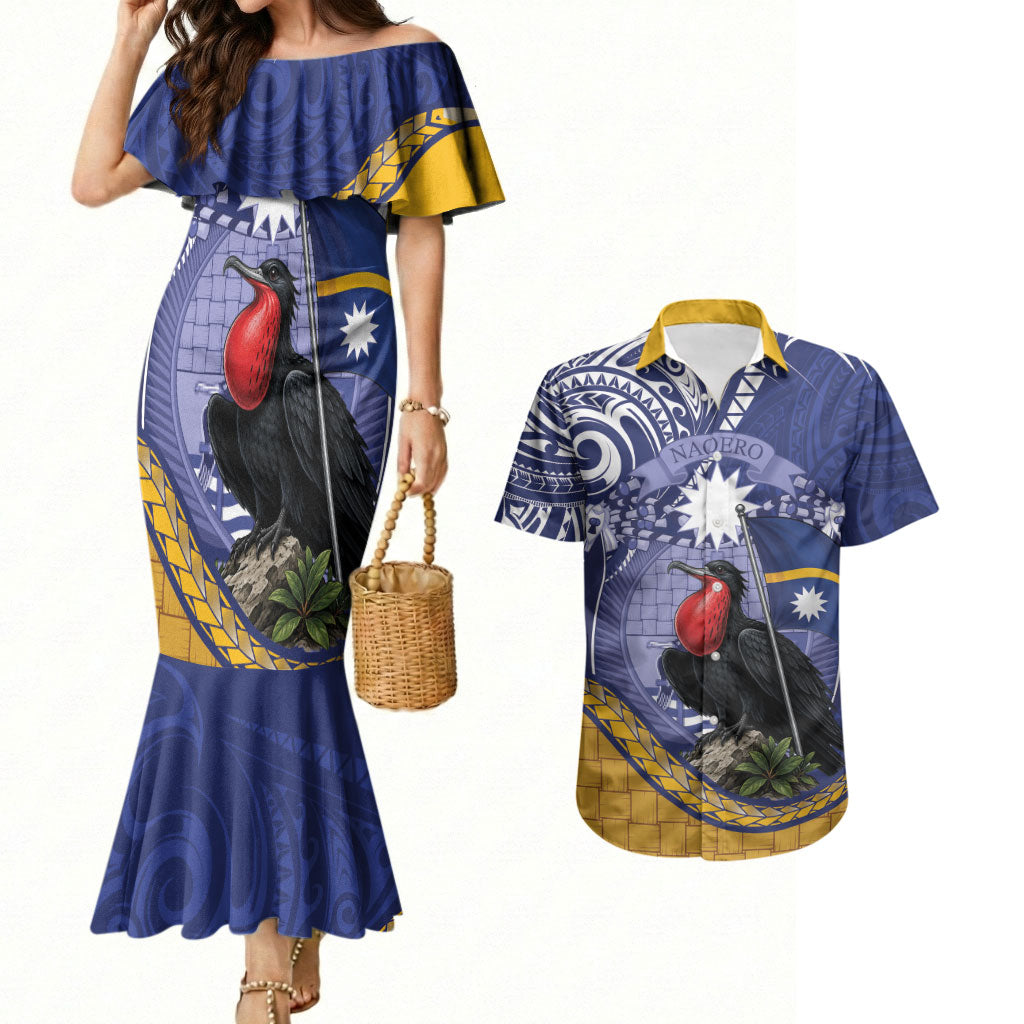 Magnificent Frigatebird Nauru Couples Matching Mermaid Dress and Hawaiian Shirt Pandanus Weaving Polynesian Pattern