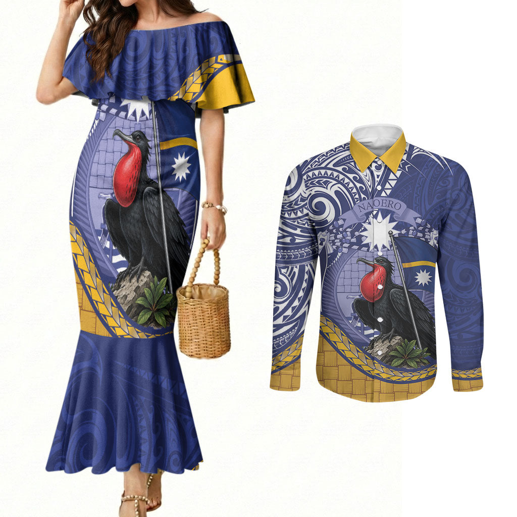 Magnificent Frigatebird Nauru Couples Matching Mermaid Dress and Long Sleeve Button Shirt Pandanus Weaving Polynesian Pattern