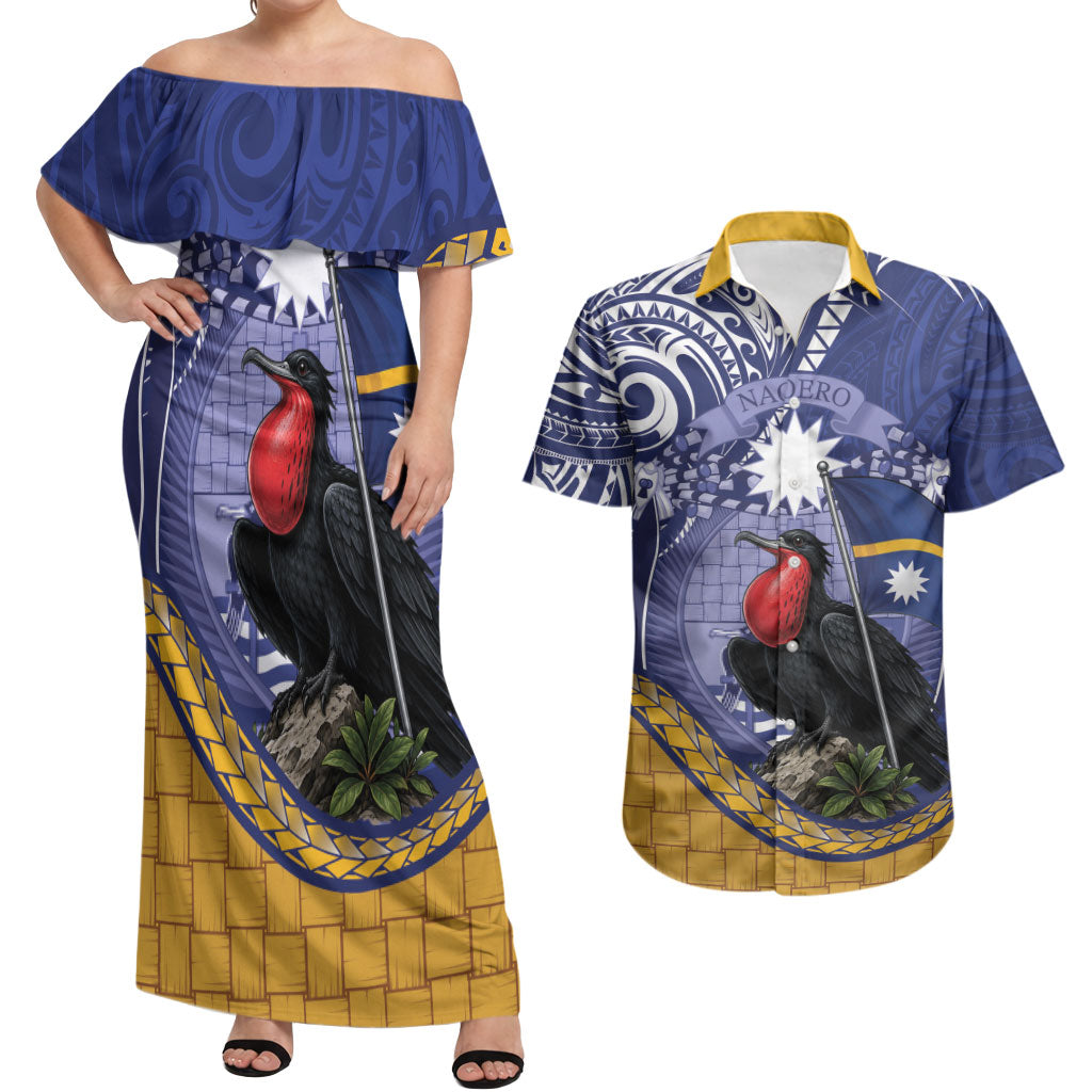 Magnificent Frigatebird Nauru Couples Matching Off Shoulder Maxi Dress and Hawaiian Shirt Pandanus Weaving Polynesian Pattern