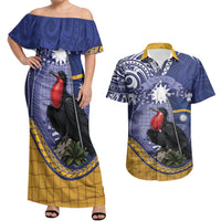 Magnificent Frigatebird Nauru Couples Matching Off Shoulder Maxi Dress and Hawaiian Shirt Pandanus Weaving Polynesian Pattern