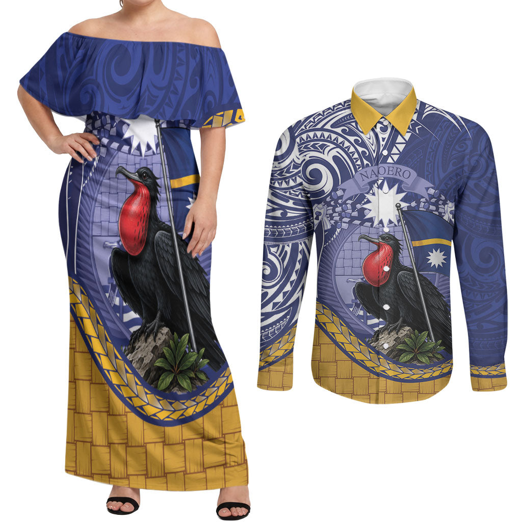 Magnificent Frigatebird Nauru Couples Matching Off Shoulder Maxi Dress and Long Sleeve Button Shirt Pandanus Weaving Polynesian Pattern
