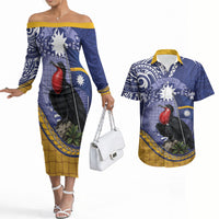 Magnificent Frigatebird Nauru Couples Matching Off The Shoulder Long Sleeve Dress and Hawaiian Shirt Pandanus Weaving Polynesian Pattern