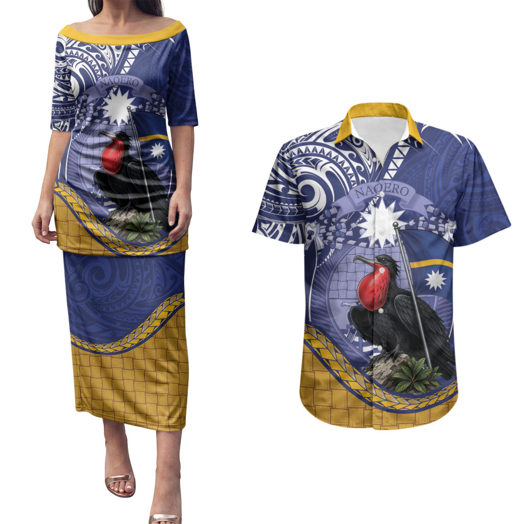 Magnificent Frigatebird Nauru Couples Matching Puletasi and Hawaiian Shirt Pandanus Weaving Polynesian Pattern