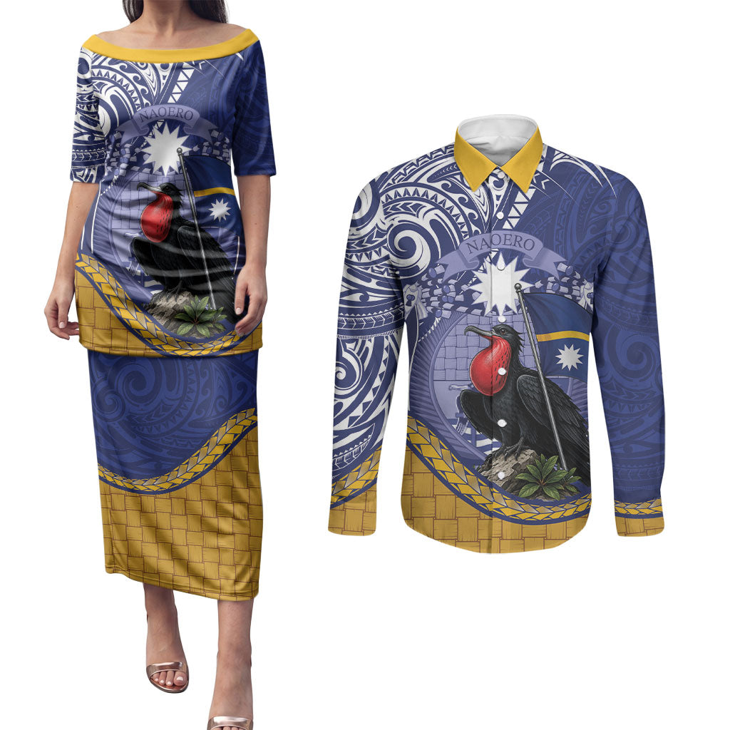 Magnificent Frigatebird Nauru Couples Matching Puletasi and Long Sleeve Button Shirt Pandanus Weaving Polynesian Pattern