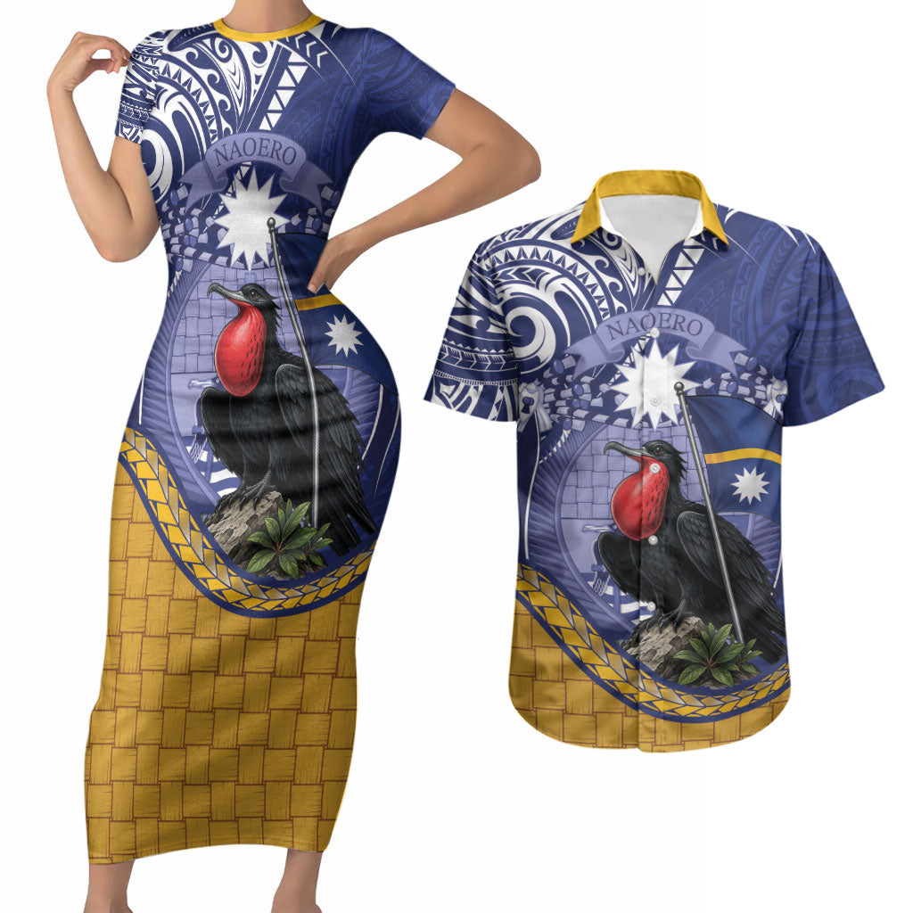 Magnificent Frigatebird Nauru Couples Matching Short Sleeve Bodycon Dress and Hawaiian Shirt Pandanus Weaving Polynesian Pattern