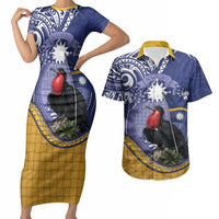Magnificent Frigatebird Nauru Couples Matching Short Sleeve Bodycon Dress and Hawaiian Shirt Pandanus Weaving Polynesian Pattern