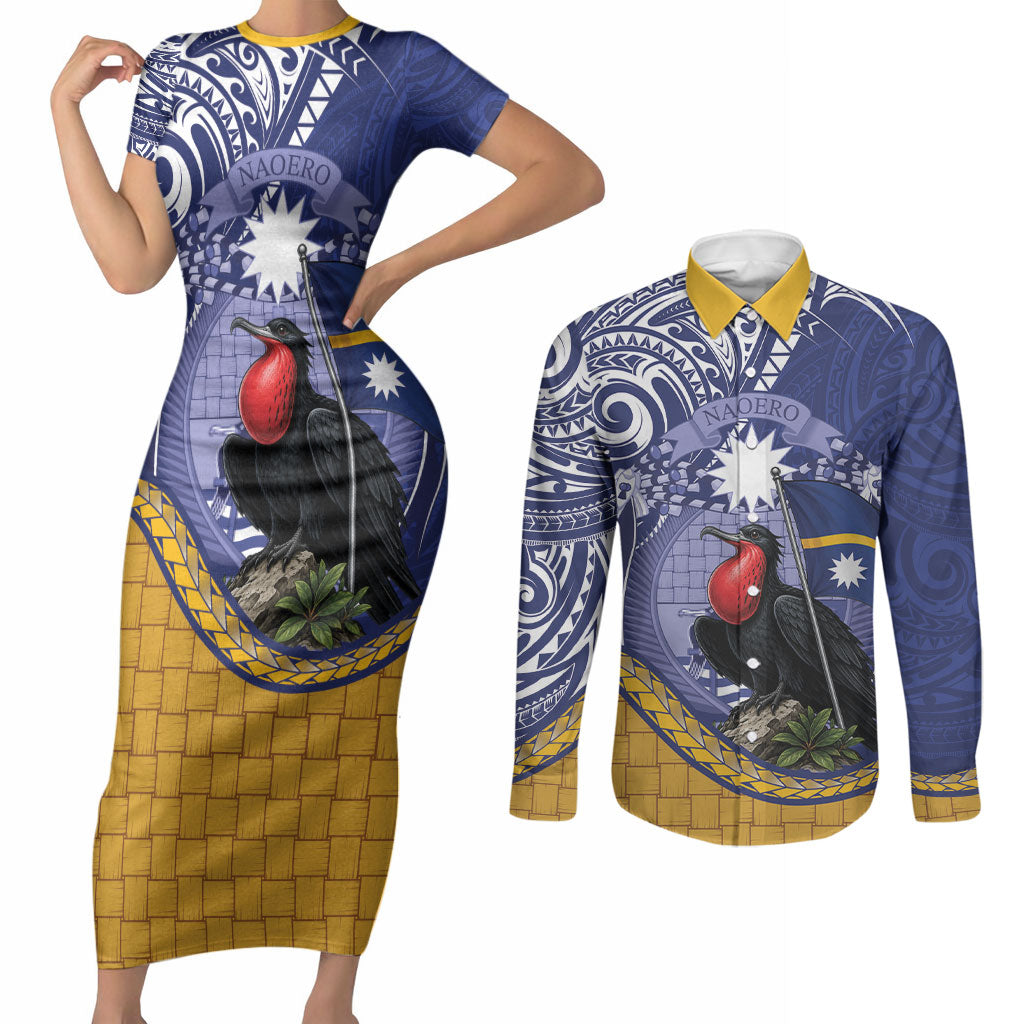 Magnificent Frigatebird Nauru Couples Matching Short Sleeve Bodycon Dress and Long Sleeve Button Shirt Pandanus Weaving Polynesian Pattern