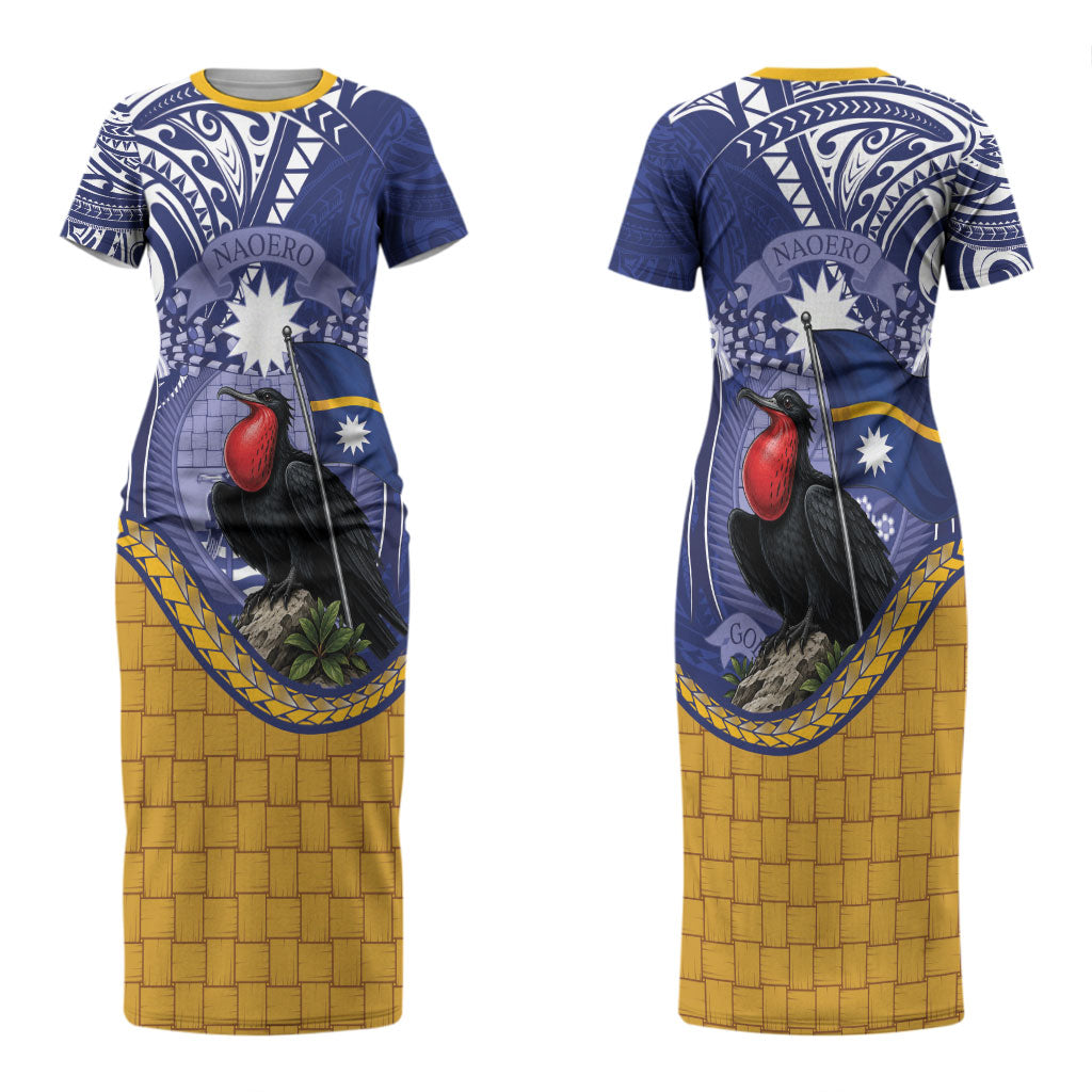 Magnificent Frigatebird Nauru Couples Matching Short Sleeve Bodycon Dress and Long Sleeve Button Shirt Pandanus Weaving Polynesian Pattern