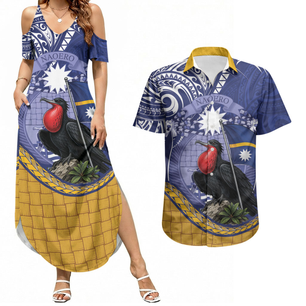 Magnificent Frigatebird Nauru Couples Matching Summer Maxi Dress and Hawaiian Shirt Pandanus Weaving Polynesian Pattern