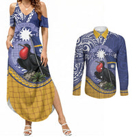 Magnificent Frigatebird Nauru Couples Matching Summer Maxi Dress and Long Sleeve Button Shirt Pandanus Weaving Polynesian Pattern
