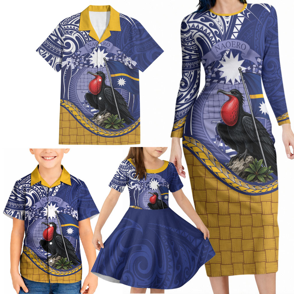 Magnificent Frigatebird Nauru Family Matching Long Sleeve Bodycon Dress and Hawaiian Shirt Pandanus Weaving Polynesian Pattern