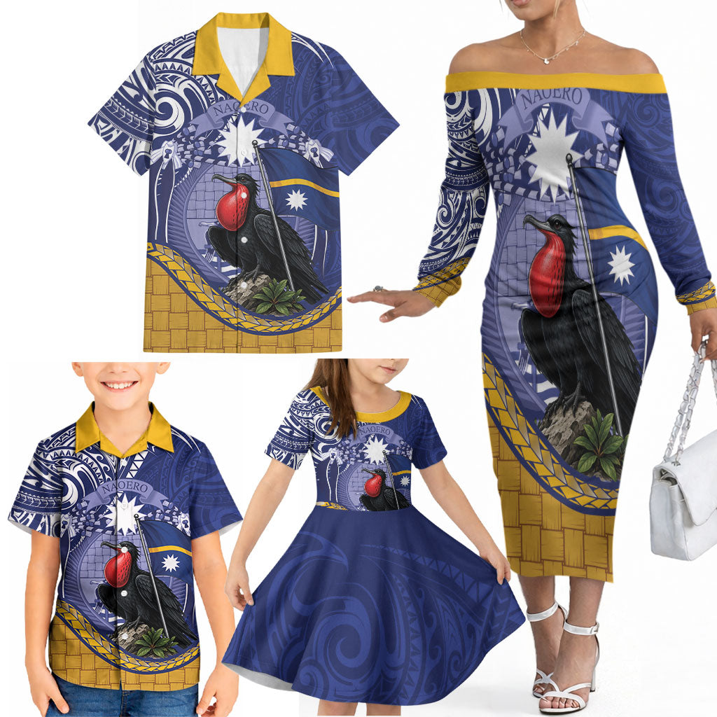 Magnificent Frigatebird Nauru Family Matching Off The Shoulder Long Sleeve Dress and Hawaiian Shirt Pandanus Weaving Polynesian Pattern