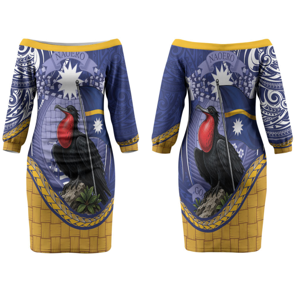 Magnificent Frigatebird Nauru Family Matching Off The Shoulder Long Sleeve Dress and Hawaiian Shirt Pandanus Weaving Polynesian Pattern