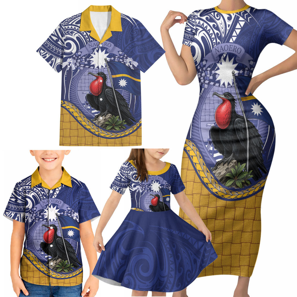 Magnificent Frigatebird Nauru Family Matching Short Sleeve Bodycon Dress and Hawaiian Shirt Pandanus Weaving Polynesian Pattern
