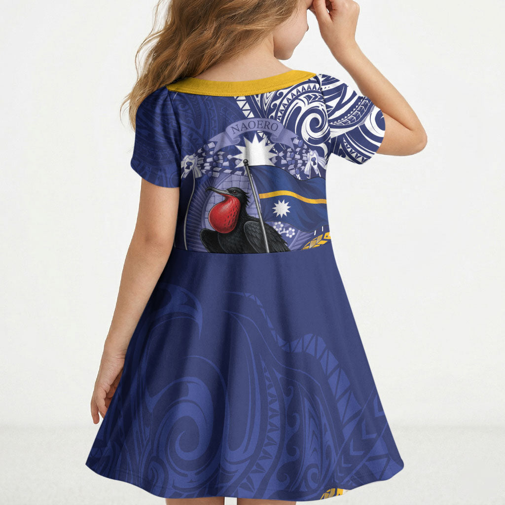 Magnificent Frigatebird Nauru Kid Short Sleeve Dress Pandanus Weaving Polynesian Pattern