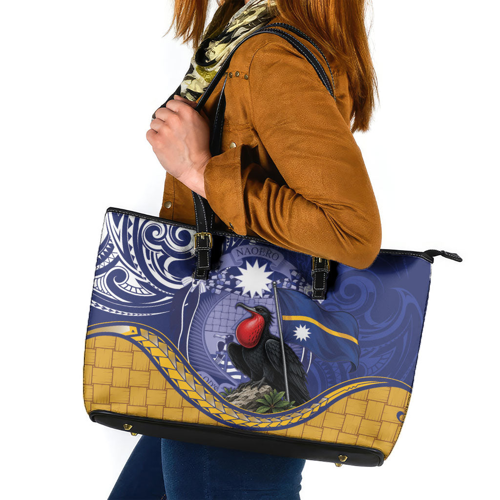 Magnificent Frigatebird Nauru Leather Tote Bag Pandanus Weaving Polynesian Pattern