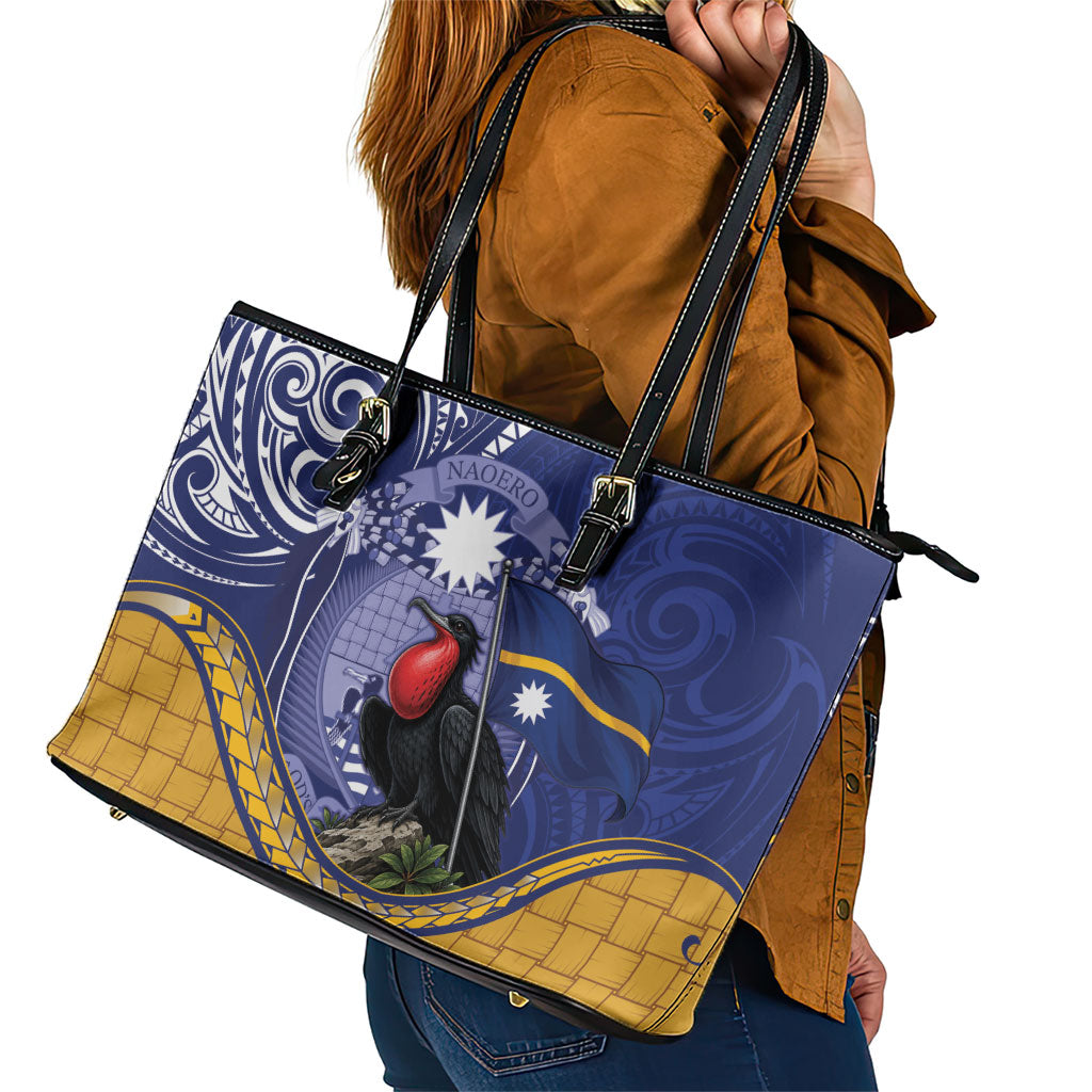 Magnificent Frigatebird Nauru Leather Tote Bag Pandanus Weaving Polynesian Pattern