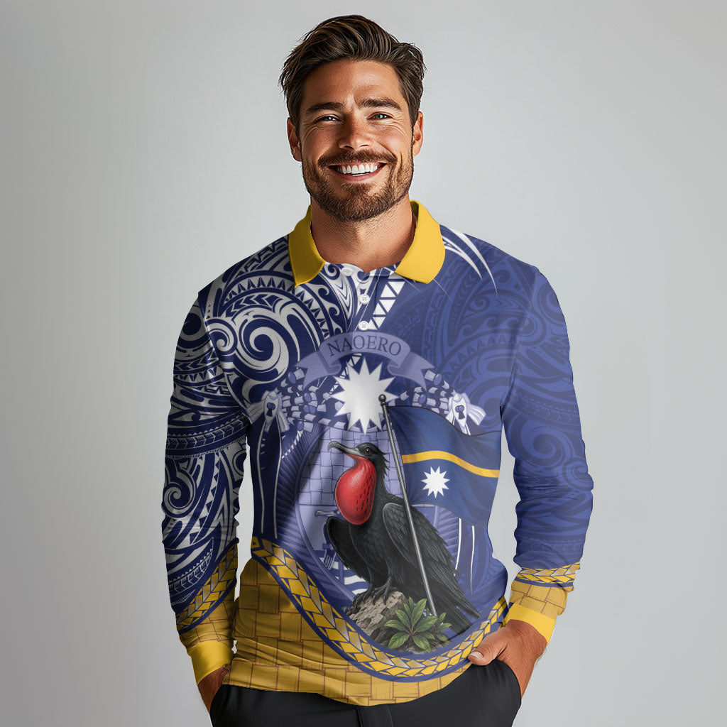 Magnificent Frigatebird Nauru Long Sleeve Polo Shirt Pandanus Weaving Polynesian Pattern