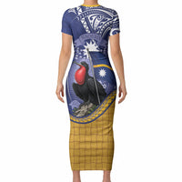 Magnificent Frigatebird Nauru Short Sleeve Bodycon Dress Pandanus Weaving Polynesian Pattern