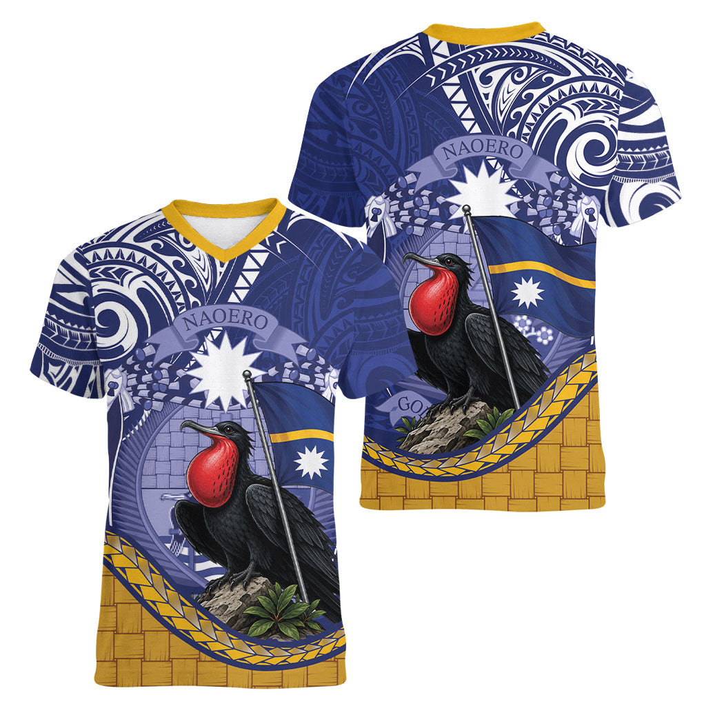 Magnificent Frigatebird Nauru Women V-Neck T-Shirt Pandanus Weaving Polynesian Pattern