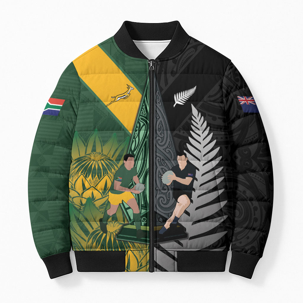 New Zealand and South Africa Rugby Custom Bomber Puffer Jacket Ultimate Rivalry All Black Springboks
