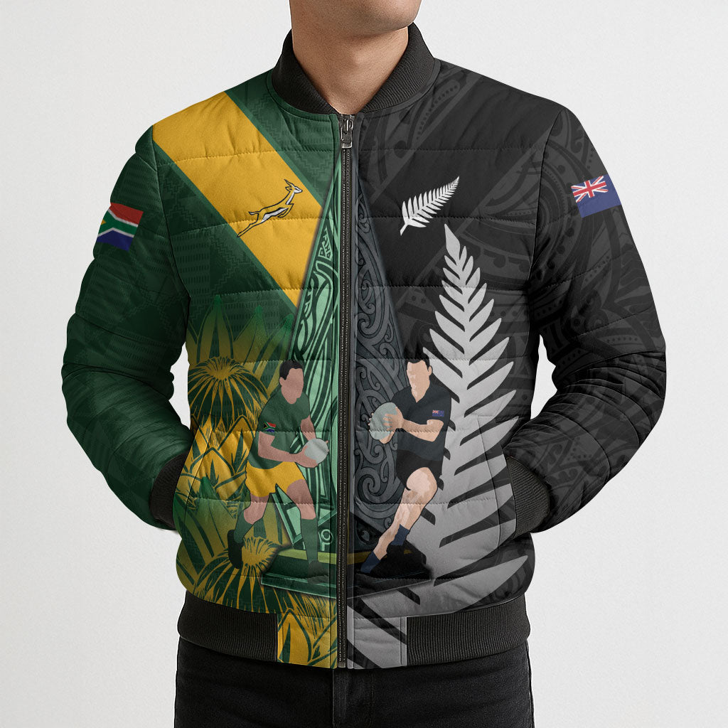 New Zealand and South Africa Rugby Custom Bomber Puffer Jacket Ultimate Rivalry All Black Springboks