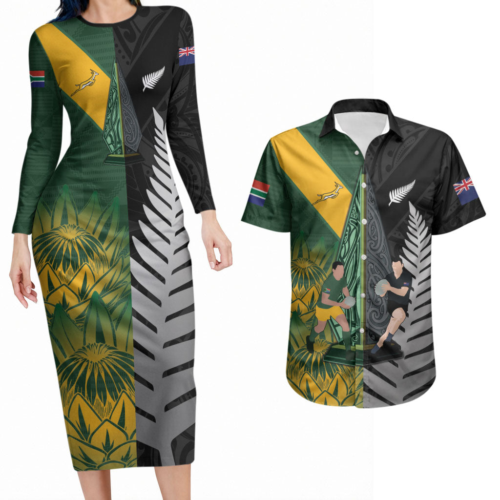 New Zealand and South Africa Rugby Custom Couples Matching Long Sleeve Bodycon Dress and Hawaiian Shirt Ultimate Rivalry All Black Springboks
