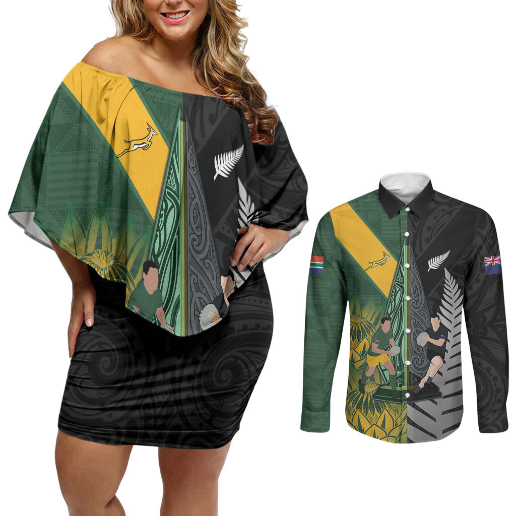 New Zealand and South Africa Rugby Custom Couples Matching Off Shoulder Short Dress and Long Sleeve Button Shirt Ultimate Rivalry All Black Springboks
