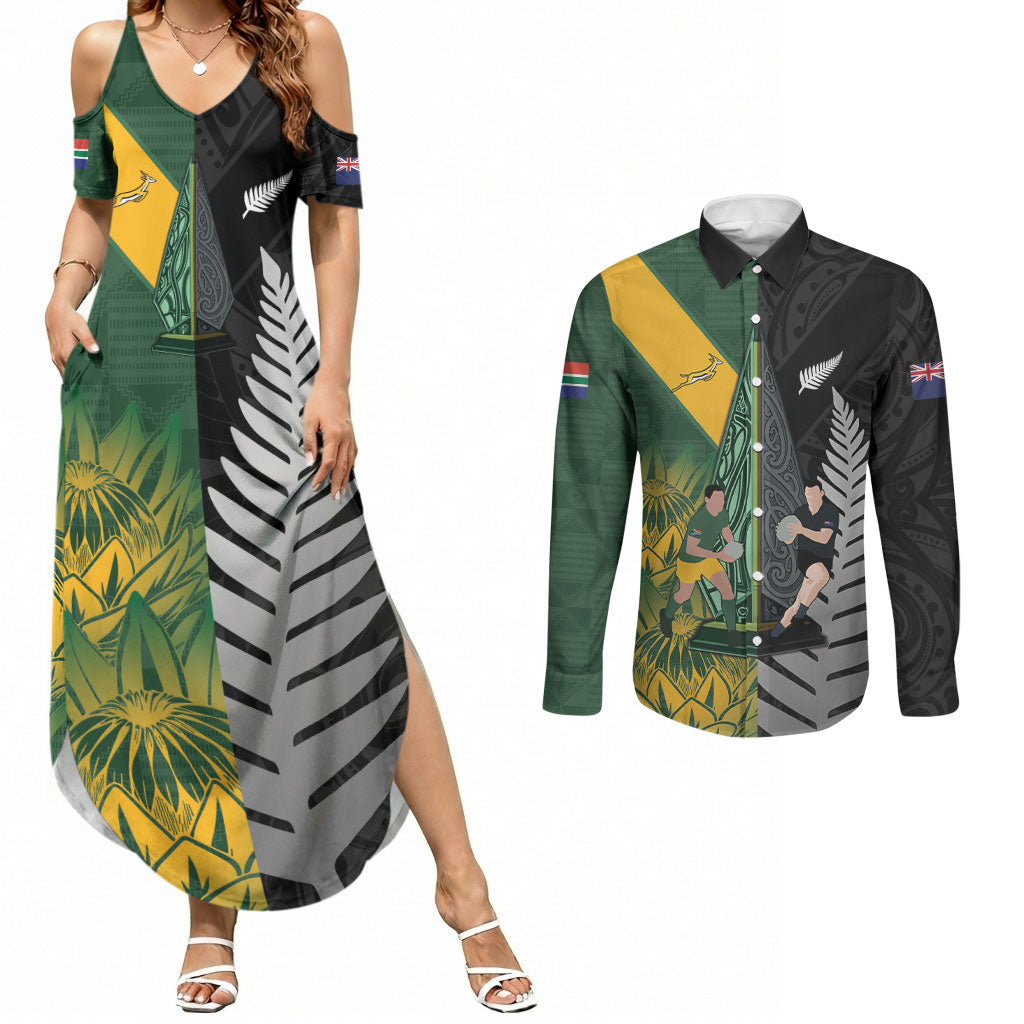 New Zealand and South Africa Rugby Custom Couples Matching Summer Maxi Dress and Long Sleeve Button Shirt Ultimate Rivalry All Black Springboks
