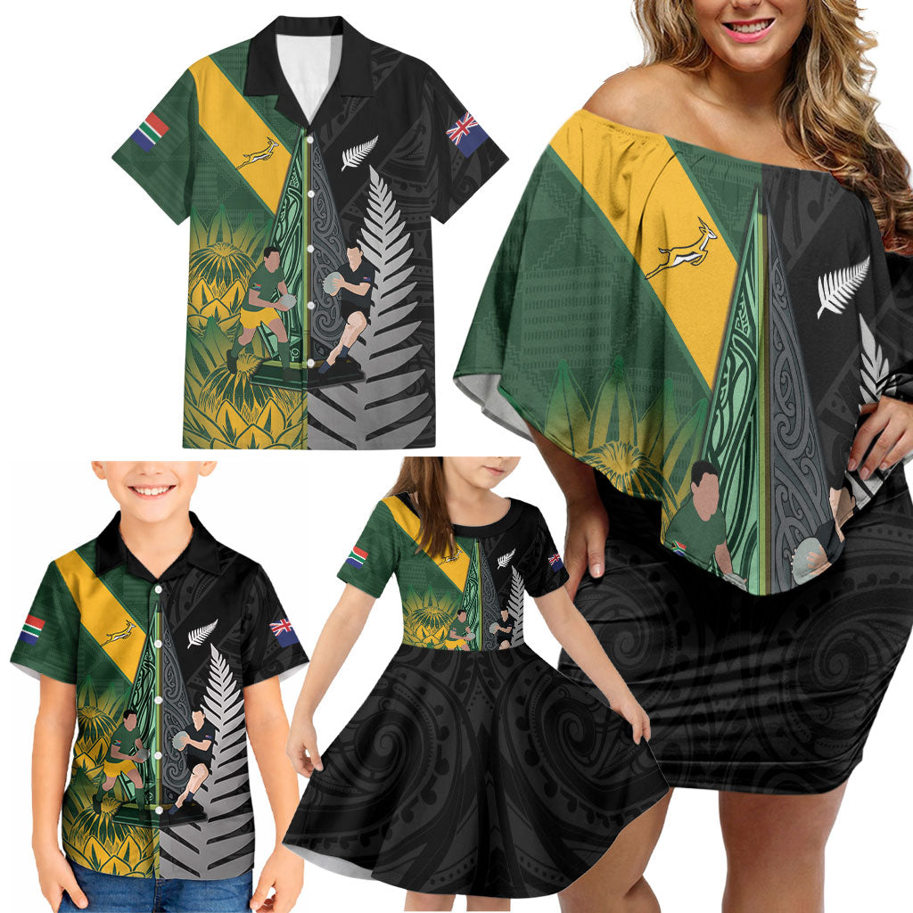 New Zealand and South Africa Rugby Custom Family Matching Off Shoulder Short Dress and Hawaiian Shirt Ultimate Rivalry All Black Springboks
