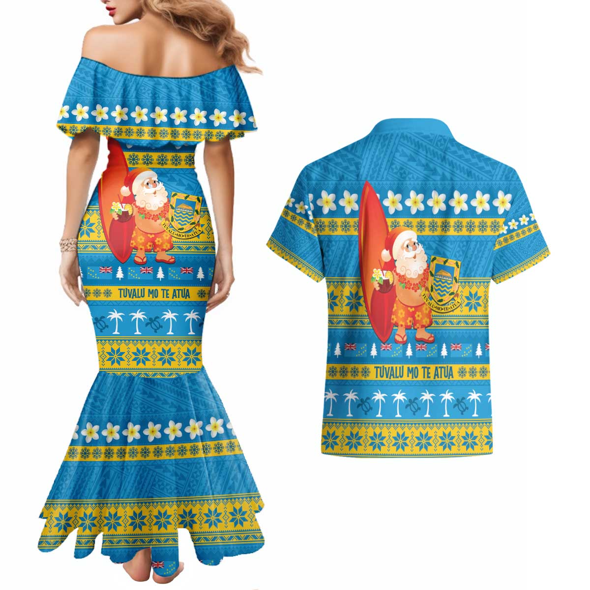 Tuvalu Christmas Couples Matching Mermaid Dress and Hawaiian Shirt Cute Santa Manuia te Kilisimasi - Polynesian Pride