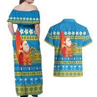 Tuvalu Christmas Couples Matching Off Shoulder Maxi Dress and Hawaiian Shirt Cute Santa Manuia te Kilisimasi - Polynesian Pride