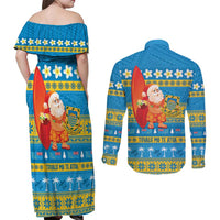 Tuvalu Christmas Couples Matching Off Shoulder Maxi Dress and Long Sleeve Button Shirt Cute Santa Manuia te Kilisimasi - Polynesian Pride