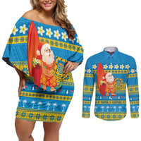 Tuvalu Christmas Couples Matching Off Shoulder Short Dress and Long Sleeve Button Shirt Cute Santa Manuia te Kilisimasi - Polynesian Pride