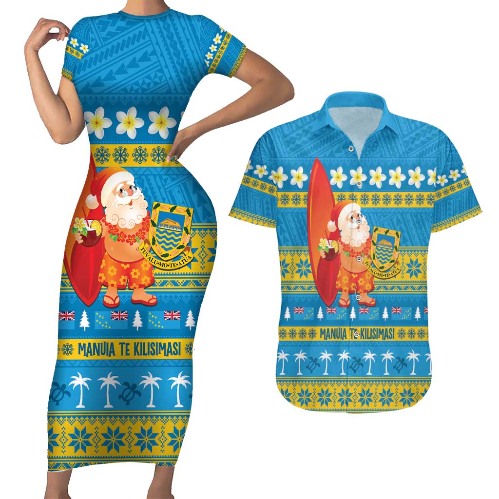 Tuvalu Christmas Couples Matching Short Sleeve Bodycon Dress and Hawaiian Shirt Cute Santa Manuia te Kilisimasi - Polynesian Pride