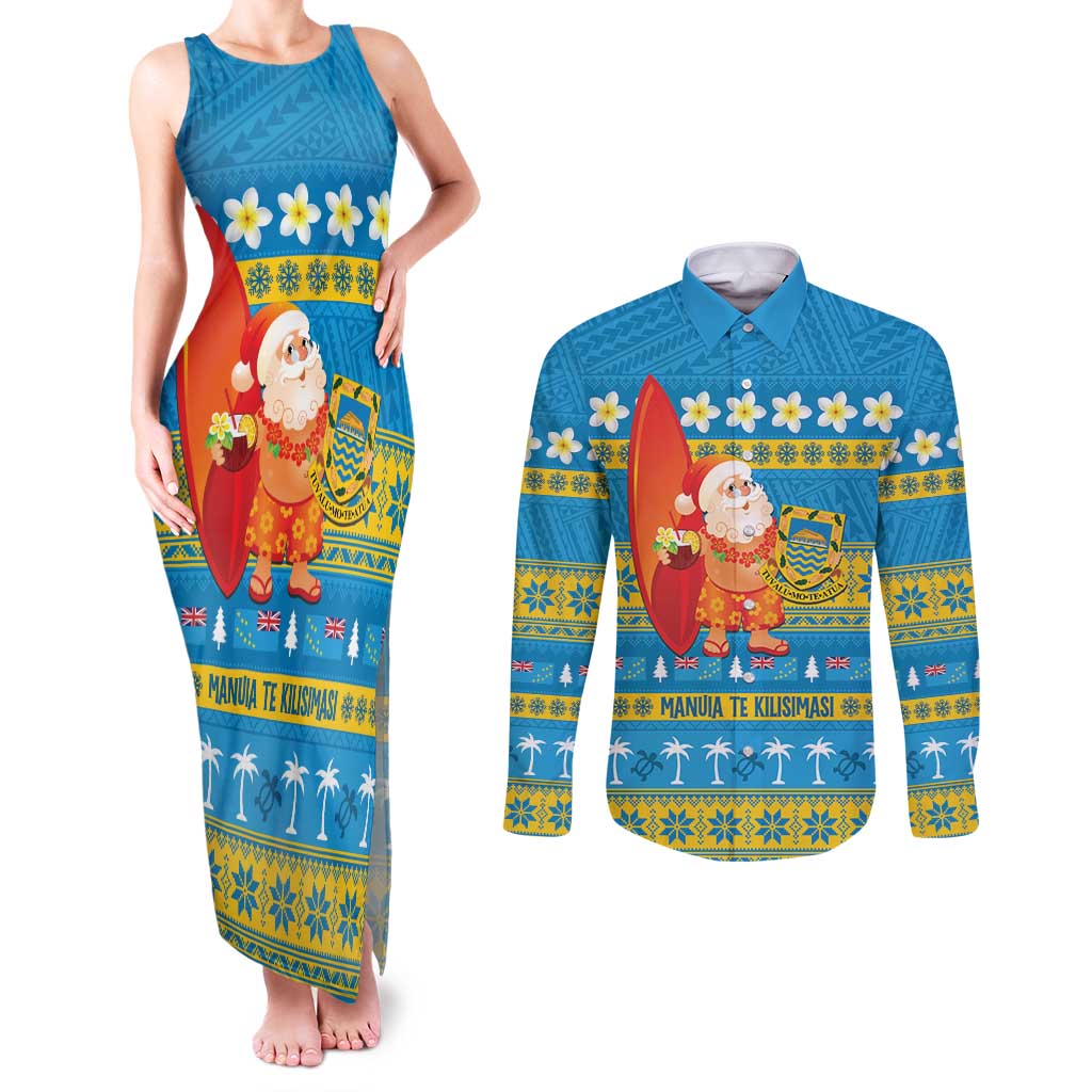 Tuvalu Christmas Couples Matching Tank Maxi Dress and Long Sleeve Button Shirt Cute Santa Manuia te Kilisimasi - Polynesian Pride