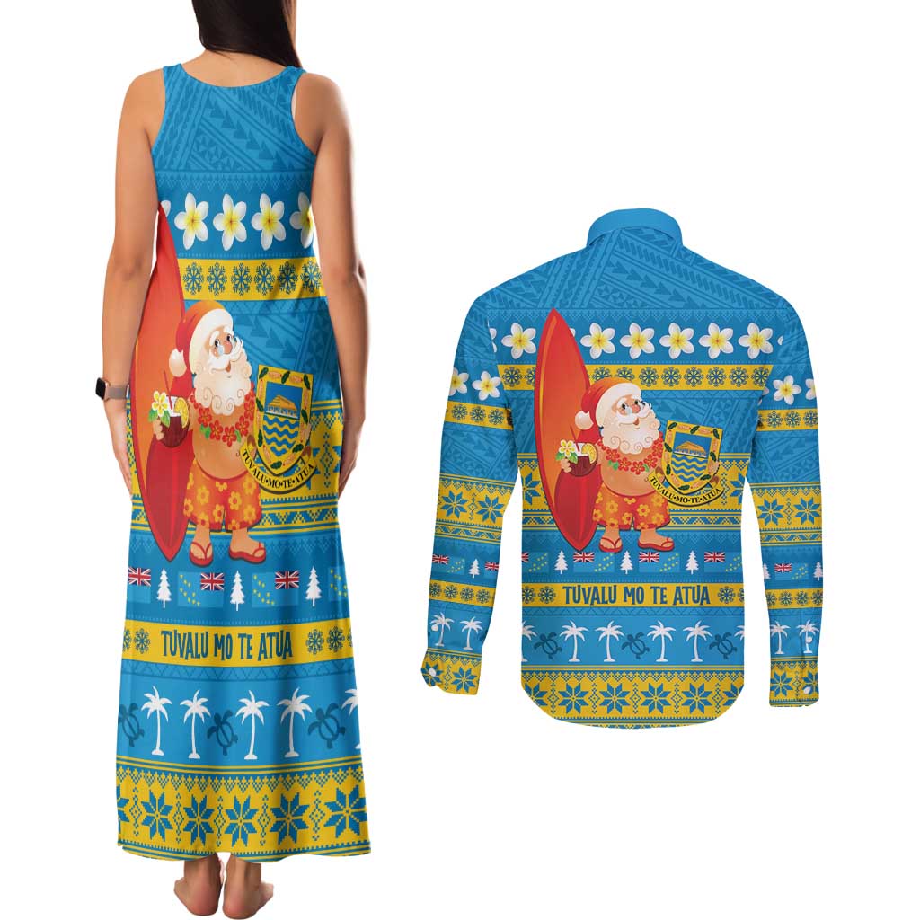 Tuvalu Christmas Couples Matching Tank Maxi Dress and Long Sleeve Button Shirt Cute Santa Manuia te Kilisimasi - Polynesian Pride