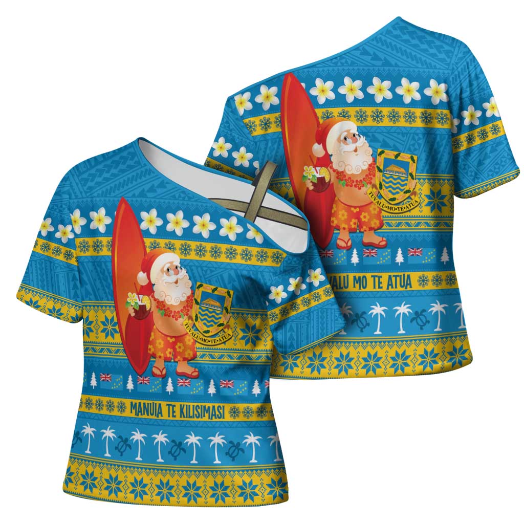 Tuvalu Christmas Cross Shoulder Shirt Cute Santa Manuia te Kilisimasi - Polynesian Pride
