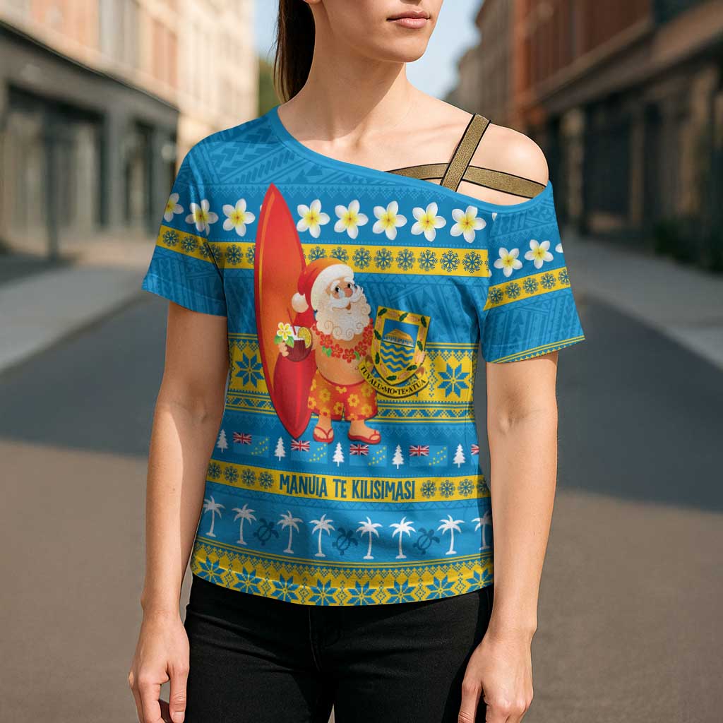 Tuvalu Christmas Cross Shoulder Shirt Cute Santa Manuia te Kilisimasi - Polynesian Pride