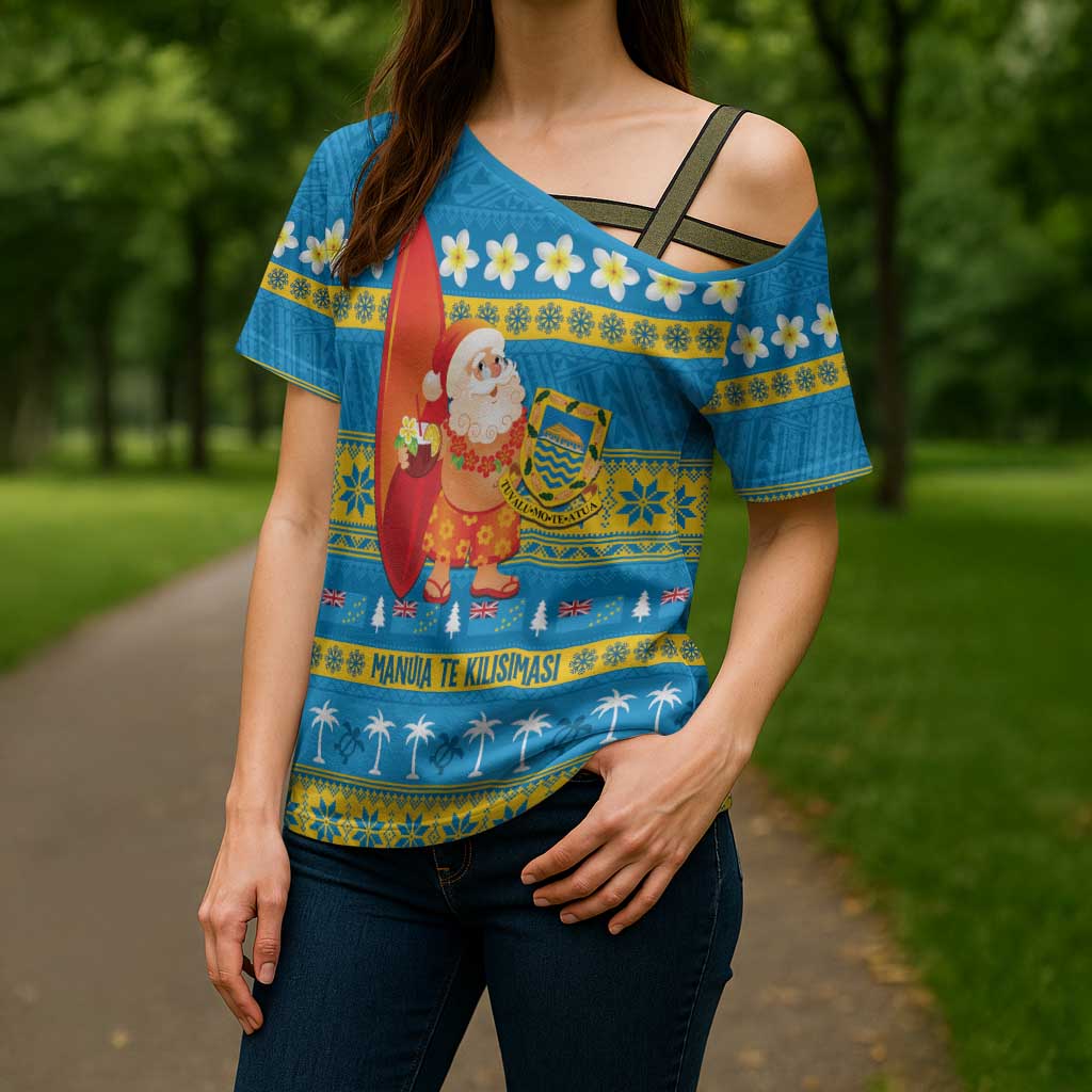 Tuvalu Christmas Cross Shoulder Shirt Cute Santa Manuia te Kilisimasi - Polynesian Pride