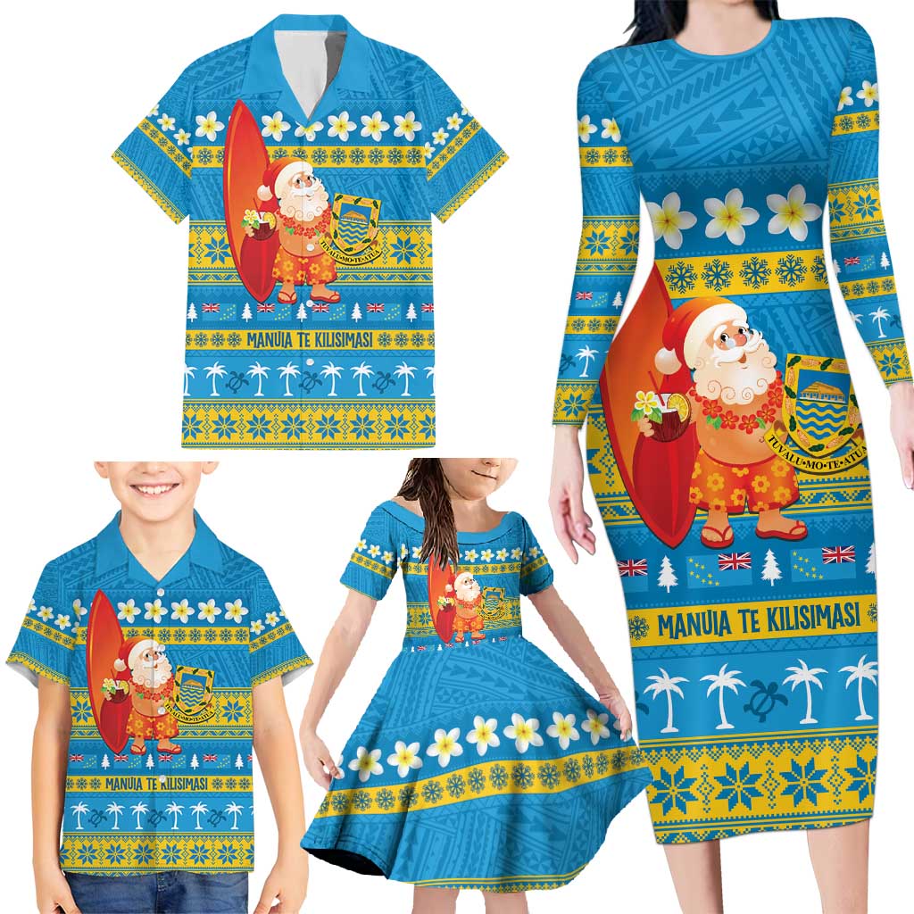 Tuvalu Christmas Family Matching Long Sleeve Bodycon Dress and Hawaiian Shirt Cute Santa Manuia te Kilisimasi - Polynesian Pride