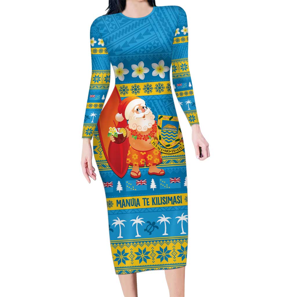 Tuvalu Christmas Family Matching Long Sleeve Bodycon Dress and Hawaiian Shirt Cute Santa Manuia te Kilisimasi - Polynesian Pride