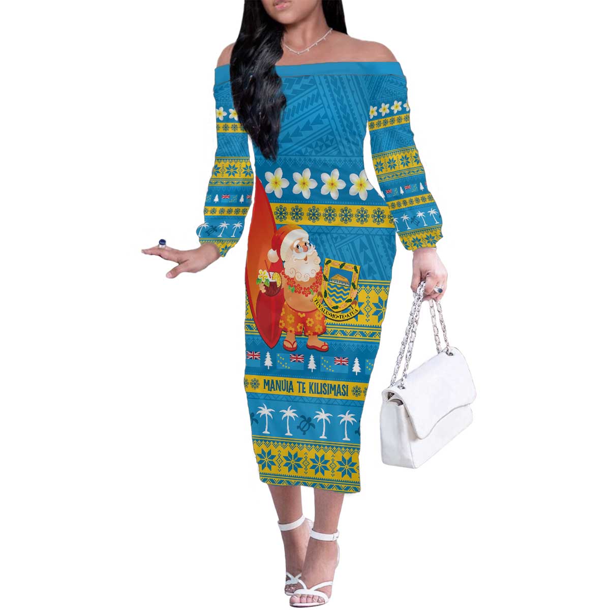 Tuvalu Christmas Family Matching Off The Shoulder Long Sleeve Dress and Hawaiian Shirt Cute Santa Manuia te Kilisimasi - Polynesian Pride