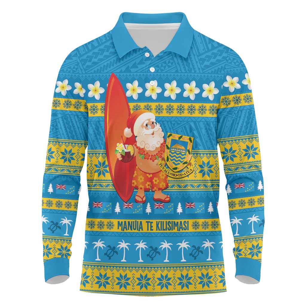 Tuvalu Christmas Long Sleeve Polo Shirt Cute Santa Manuia te Kilisimasi - Polynesian Pride