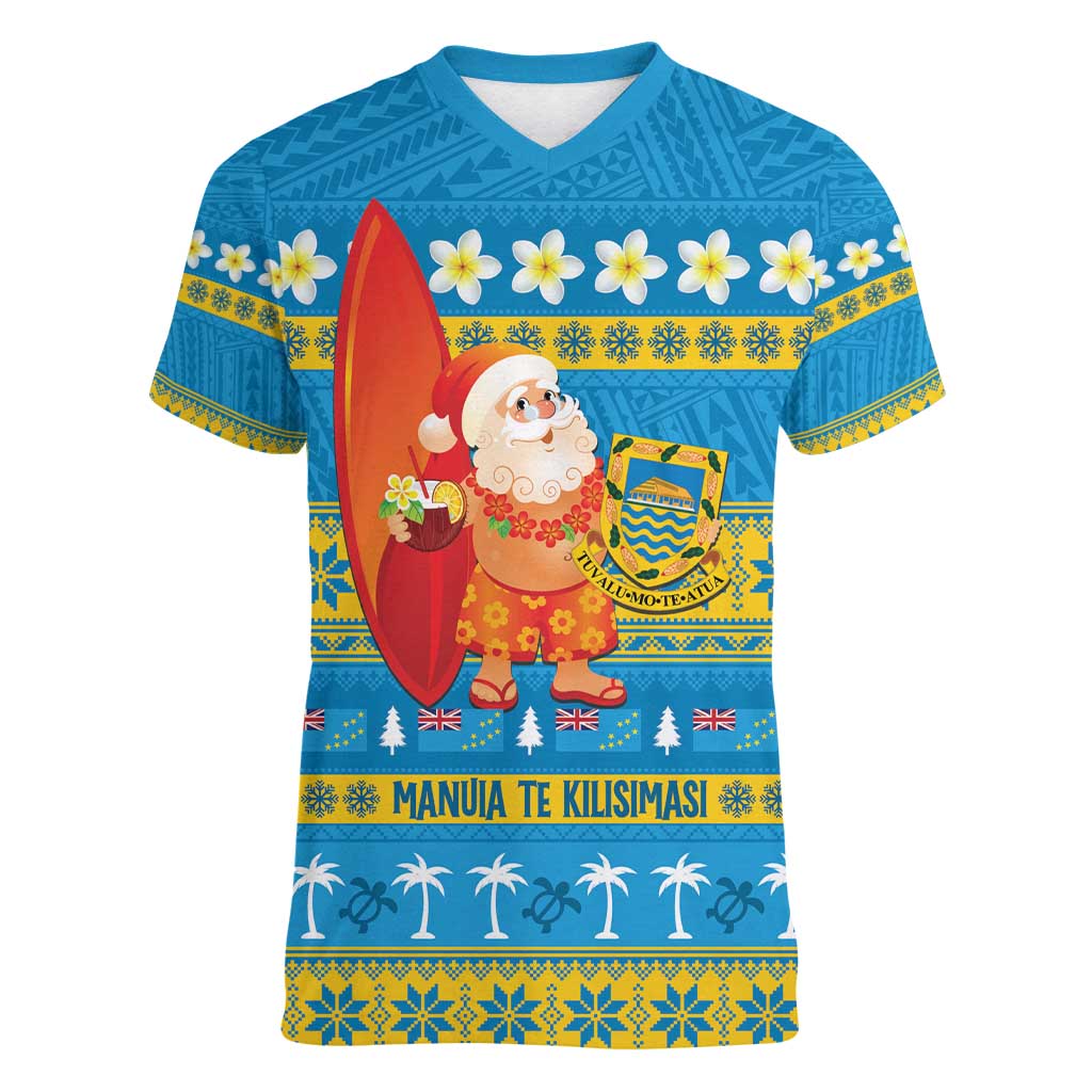 Tuvalu Christmas Women V-Neck T-Shirt Cute Santa Manuia te Kilisimasi - Polynesian Pride