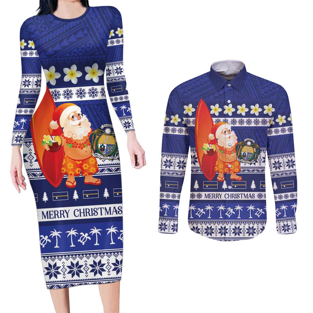 Nauru Christmas Couples Matching Long Sleeve Bodycon Dress and Long Sleeve Button Shirt Cute Santa Coat Of Arms Merry Xmas - Polynesian Pride