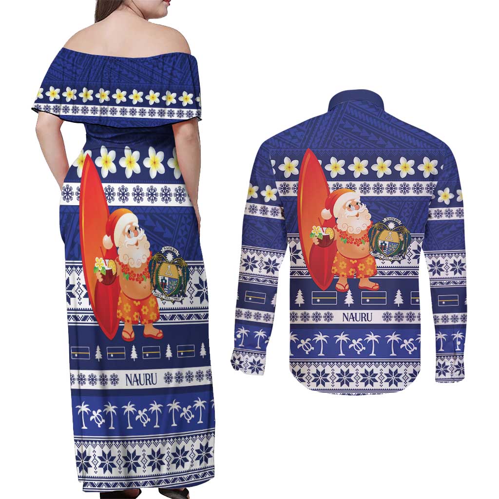 Nauru Christmas Couples Matching Off Shoulder Maxi Dress and Long Sleeve Button Shirt Cute Santa Coat Of Arms Merry Xmas - Polynesian Pride