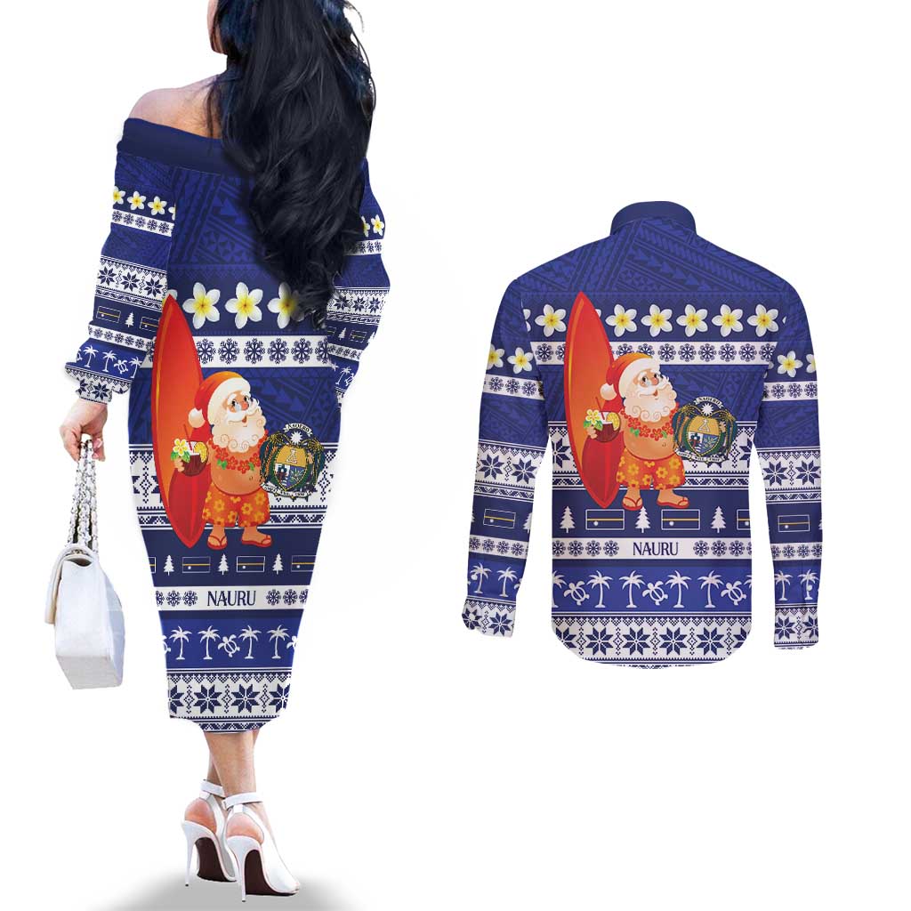 Nauru Christmas Couples Matching Off The Shoulder Long Sleeve Dress and Long Sleeve Button Shirt Cute Santa Coat Of Arms Merry Xmas - Polynesian Pride