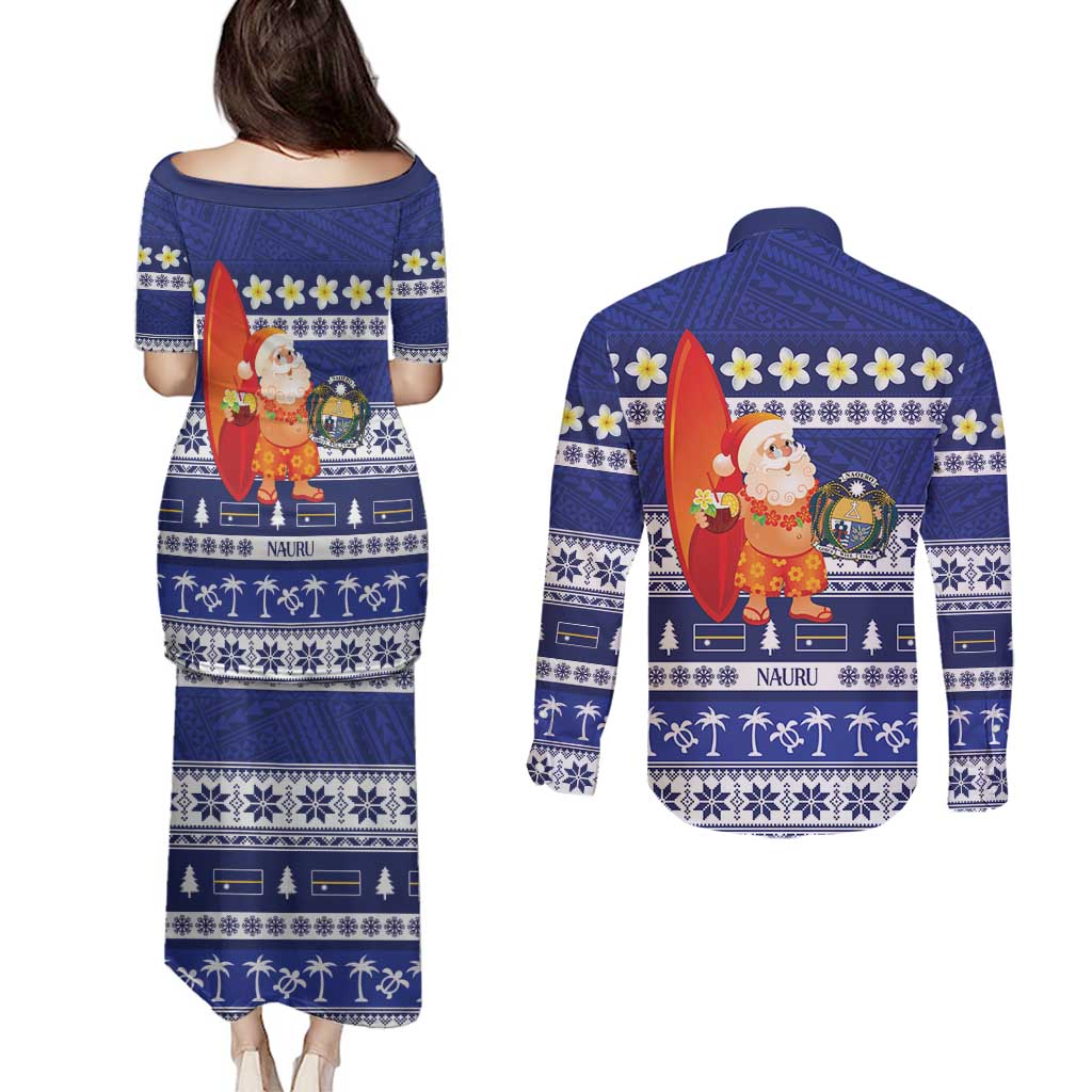 Nauru Christmas Couples Matching Puletasi and Long Sleeve Button Shirt Cute Santa Coat Of Arms Merry Xmas - Polynesian Pride